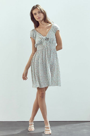Tie Front Cap Sleeves Floral Mini Dress
